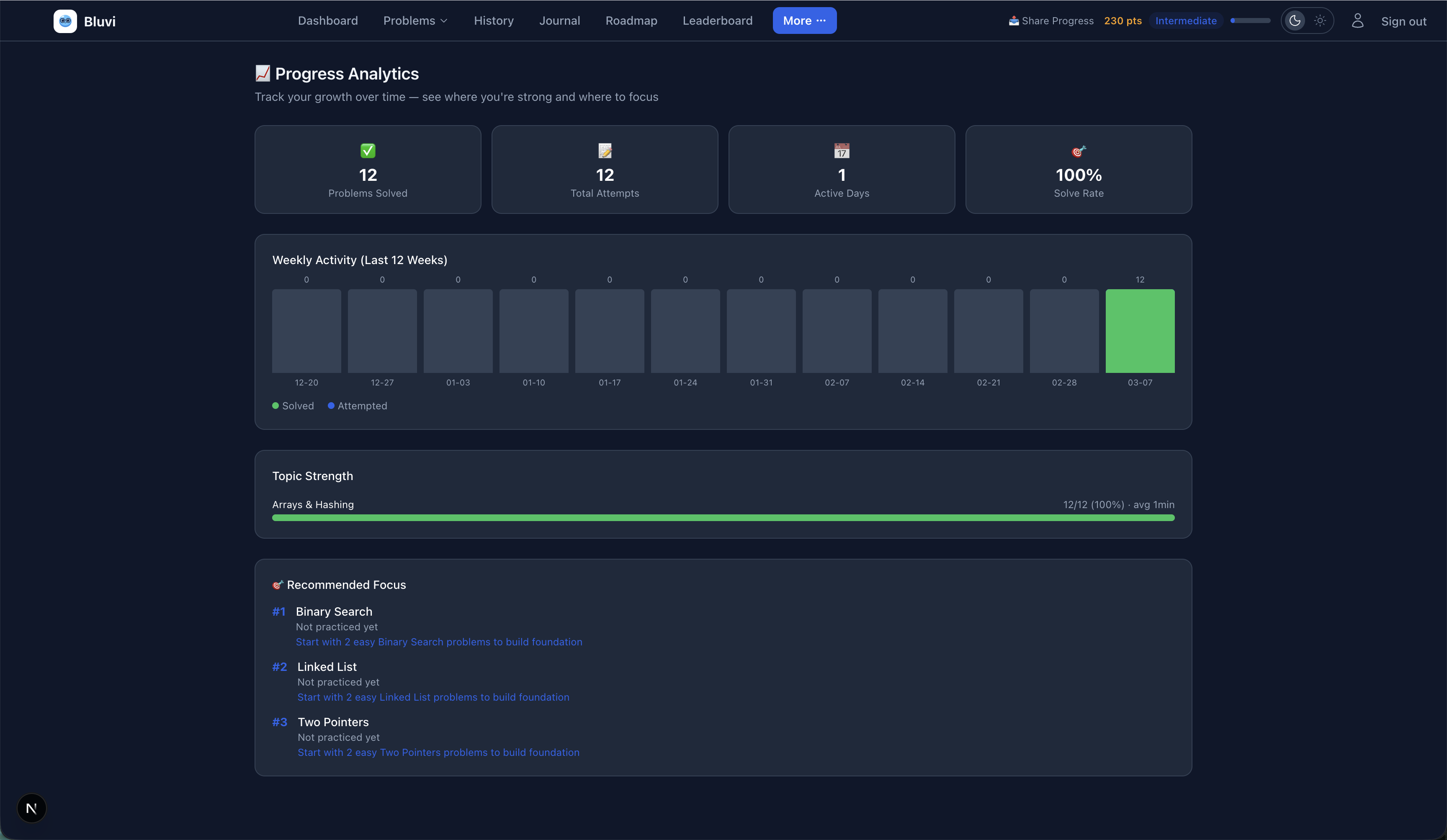 Bluvi Analytics — weekly activity, topic strength, and focus recommendations